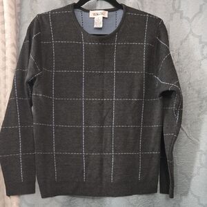 Talbots Vintage Gray and Blue Checkered Wool-blend Crewneck Sweater